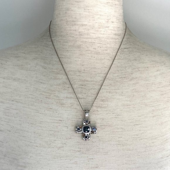 Sterling Silver 925 Black Tourmaline Glass Cross Pendant Necklace 18" Box Chain - Picture 3 of 16